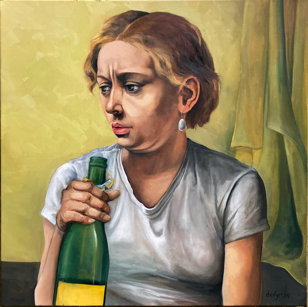 Concerned looking woman with red hair wearing white tshirt holding bottle of champagne.
