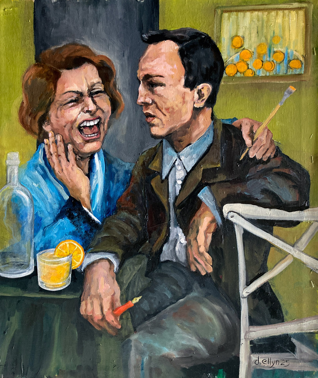 Painting of Grace Hartigan laughing with Frank O’Hara, who holds a red pen, capturing their artistic bond.