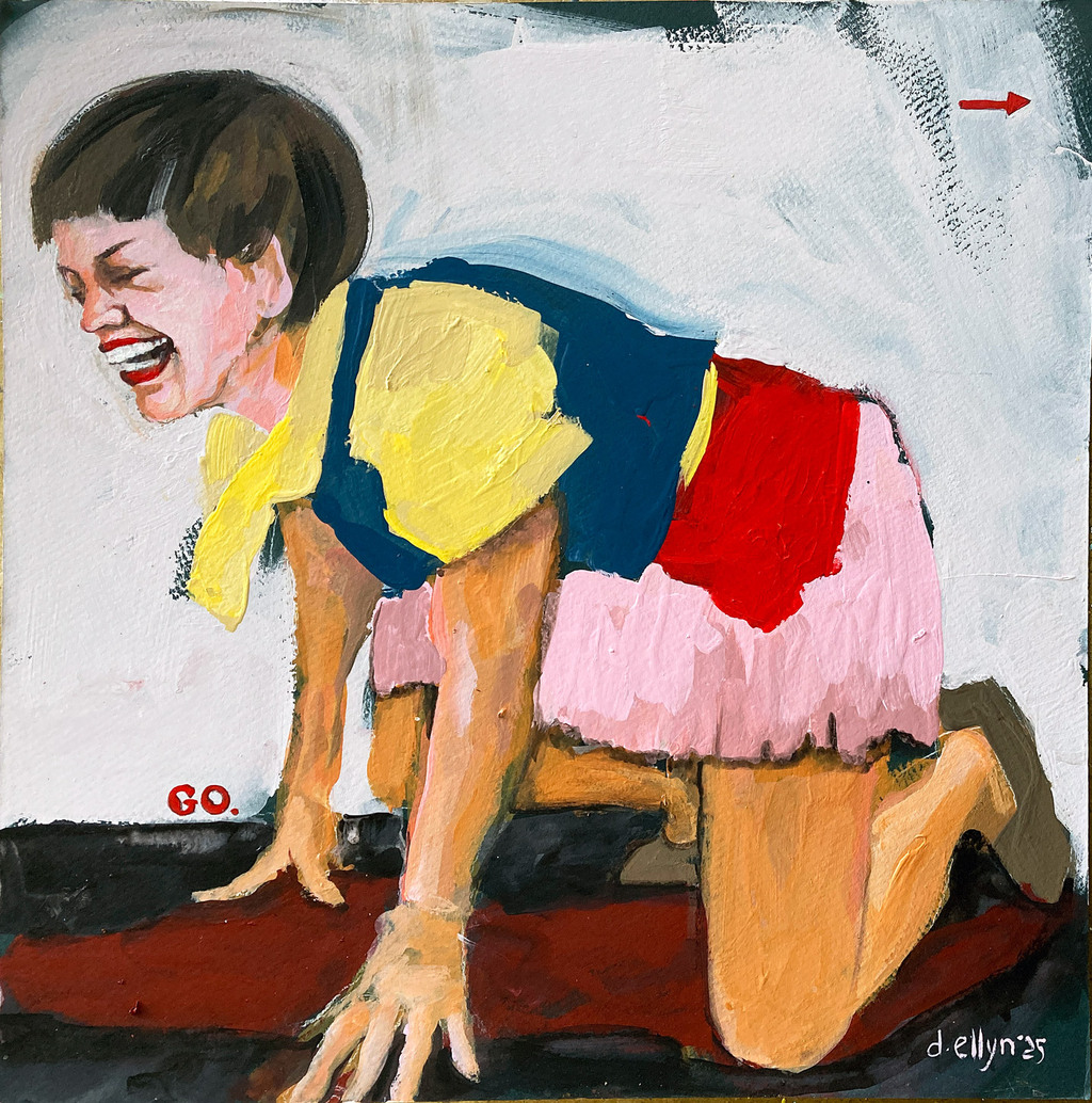 GO! by Dana Ellyn – expressive painting of a crouching girl mid-laugh, caught between hysteria and urgency, with bold colors and a commanding arrow.
