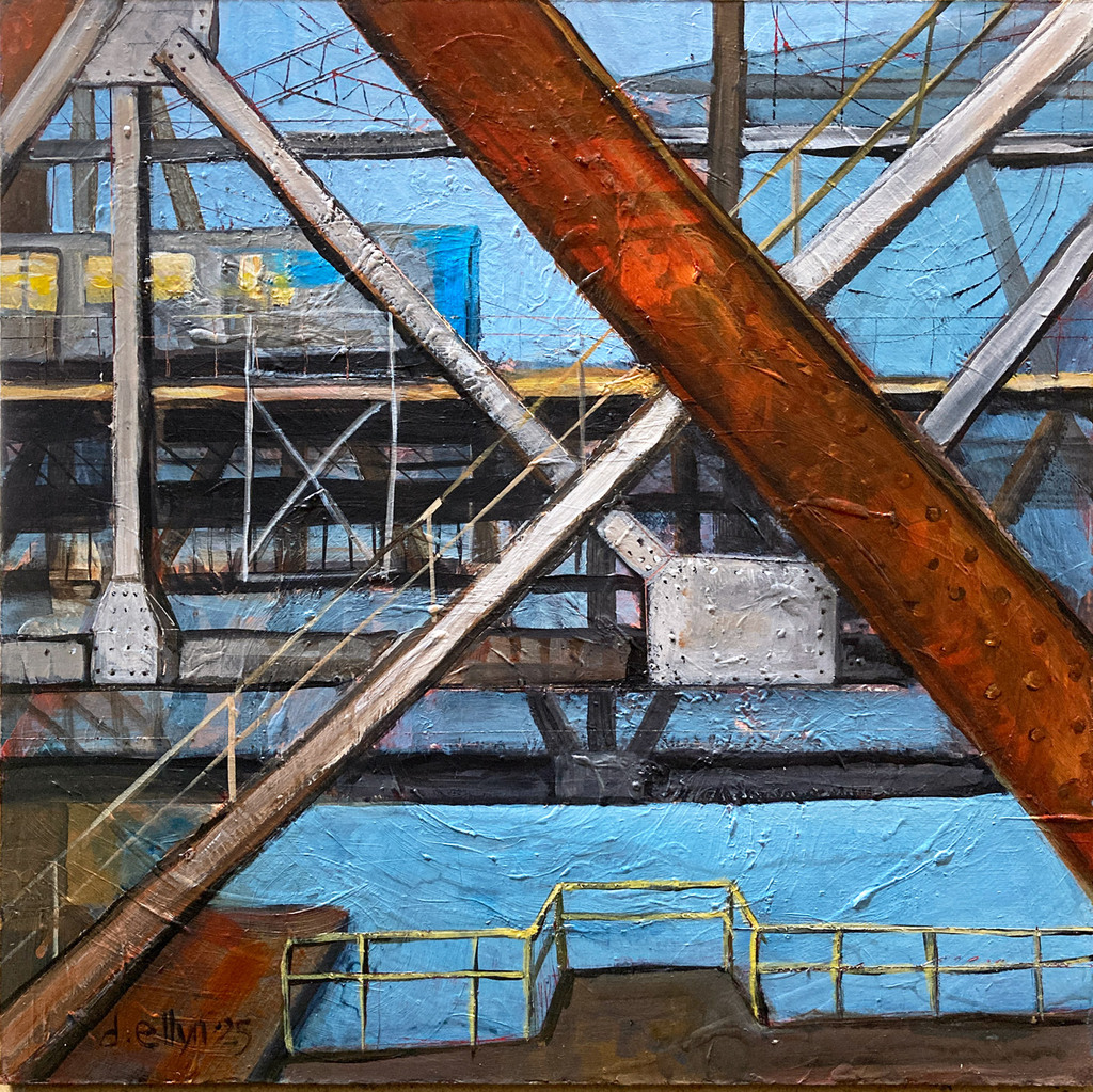 Industrial bridge structure near NYC, capturing intersecting steel beams, transit, and urban decay in a bold, textured painting.
