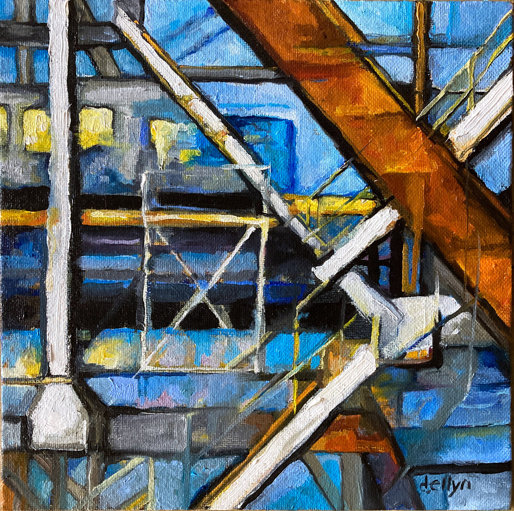 Industrial bridge structure near NYC, capturing intersecting steel beams, transit, and urban decay in a bold, textured painting.