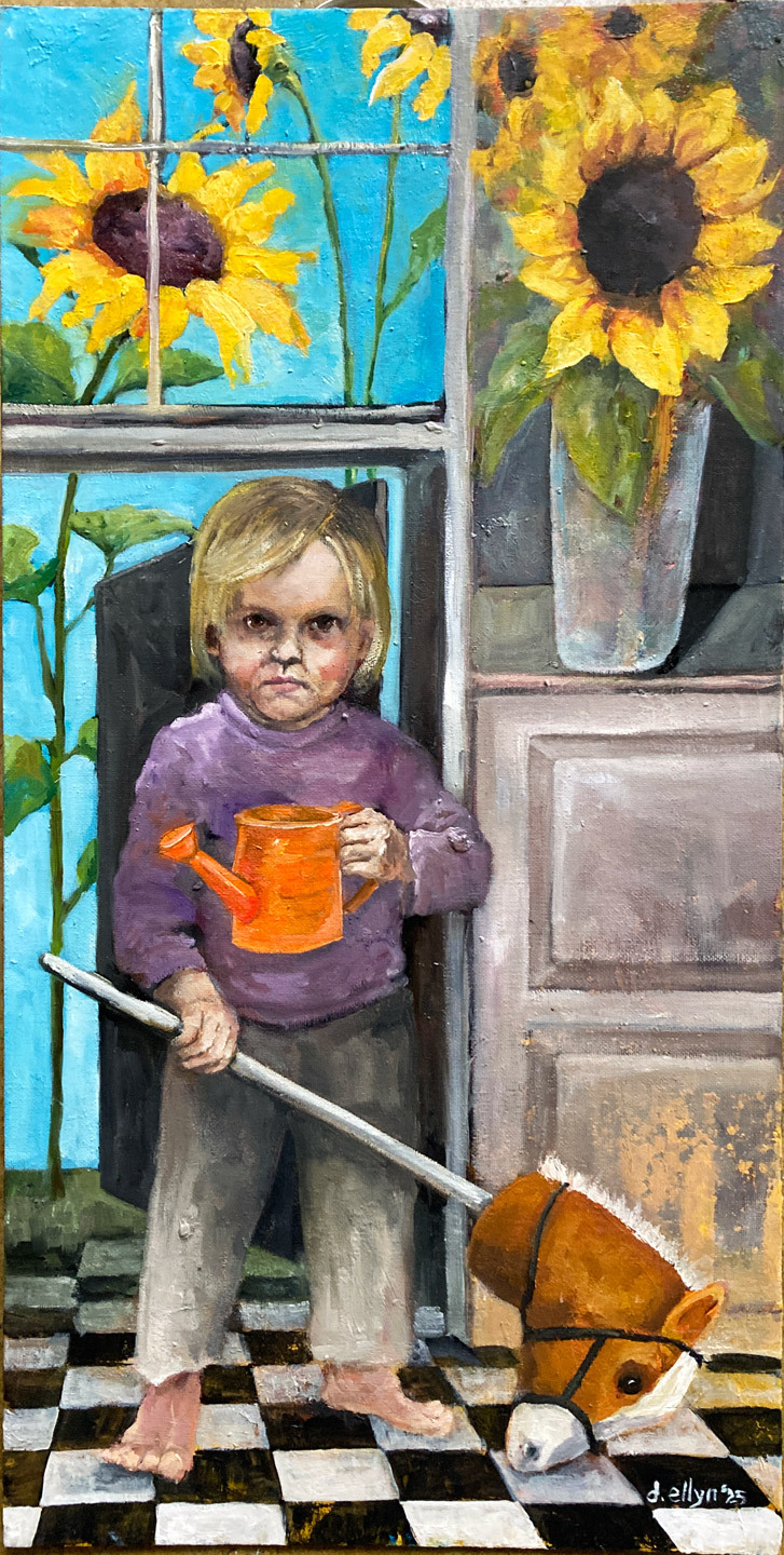 a child with a hobby horse standing in confined space. there are sunflowers inside and outside.