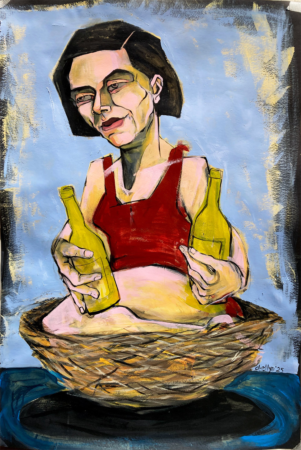 Painting titled "Nesting" by Dana Ellyn. Expressionist portrait of a woman in a basket holding two bottles, symbolizing comfort and renewal.